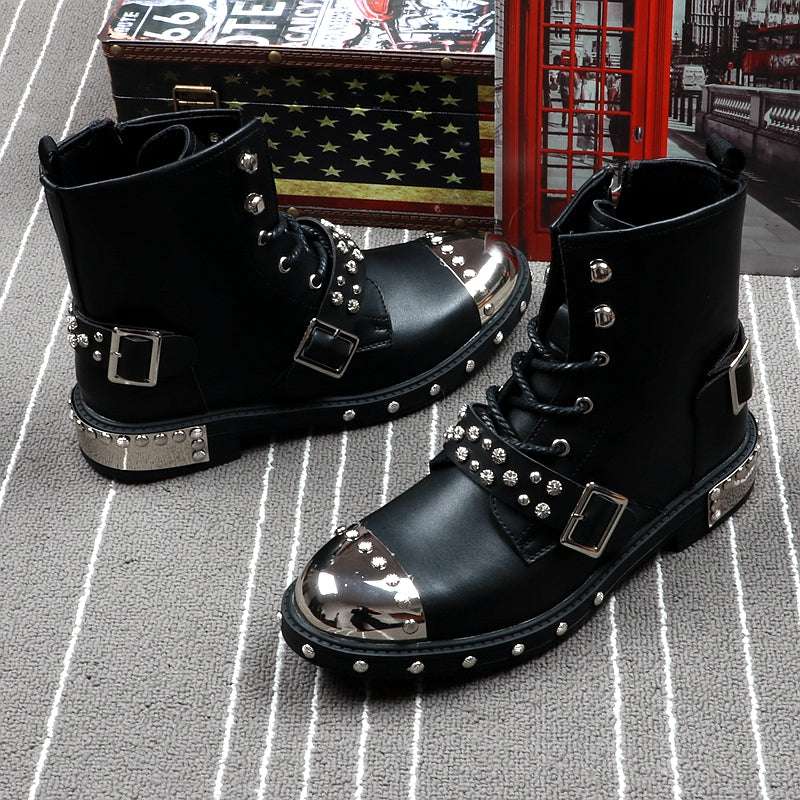 Black Studded Boots, Flat Heel Boots, Men's Martin Boots - available at Sparq Mart