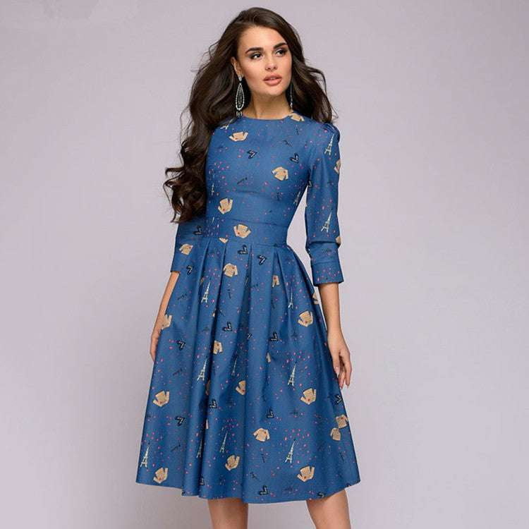 Autumn Fashion Dress, Printed Swing Dress, Three-Quarter Sleeve Dress - available at Sparq Mart