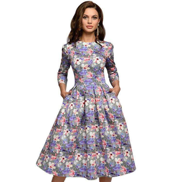 Autumn Fashion Dress, Printed Swing Dress, Three-Quarter Sleeve Dress - available at Sparq Mart