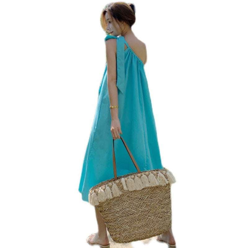 Blue Cotton Blend Dress, Off-Shoulder Fairy Dress, Sweet Style Beach Dress - available at Sparq Mart