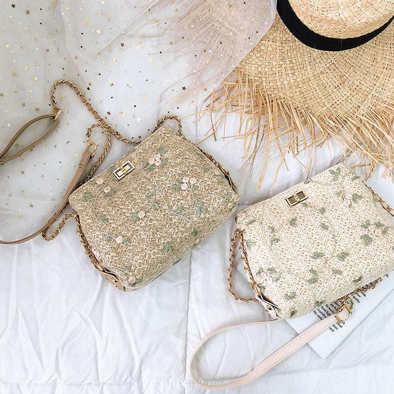 Boho Chain Handbag, Embroidered Straw Bag, Lace Square Purse - available at Sparq Mart