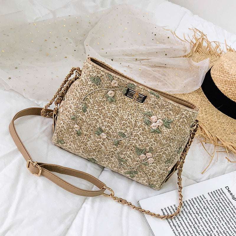 Boho Chain Handbag, Embroidered Straw Bag, Lace Square Purse - available at Sparq Mart