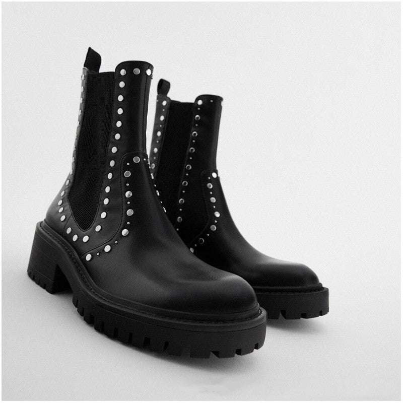 Chunky Heel Booties, Rivet Martin Boots, Trendy Black Booties - available at Sparq Mart