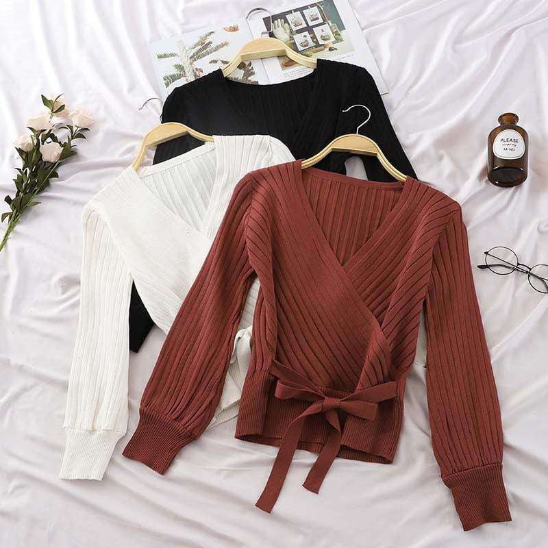 Long Sleeve Knitwear, V-Neck Knit Pullover, Waist Belt Sweater Top - available at Sparq Mart