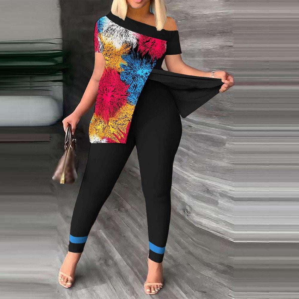 Colorful Pants Set, Short Sleeve Outfit, Split Print Set - available at Sparq Mart