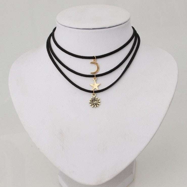 Chic Layered Necklace, Geometric Alloy Choker, Velvet Choker Pendant - available at Sparq Mart