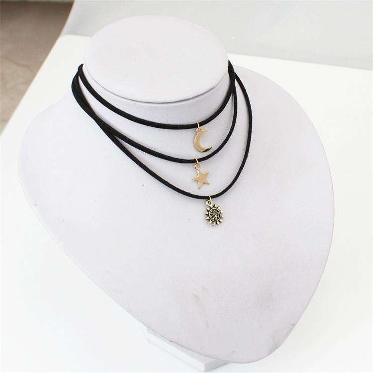 Chic Layered Necklace, Geometric Alloy Choker, Velvet Choker Pendant - available at Sparq Mart