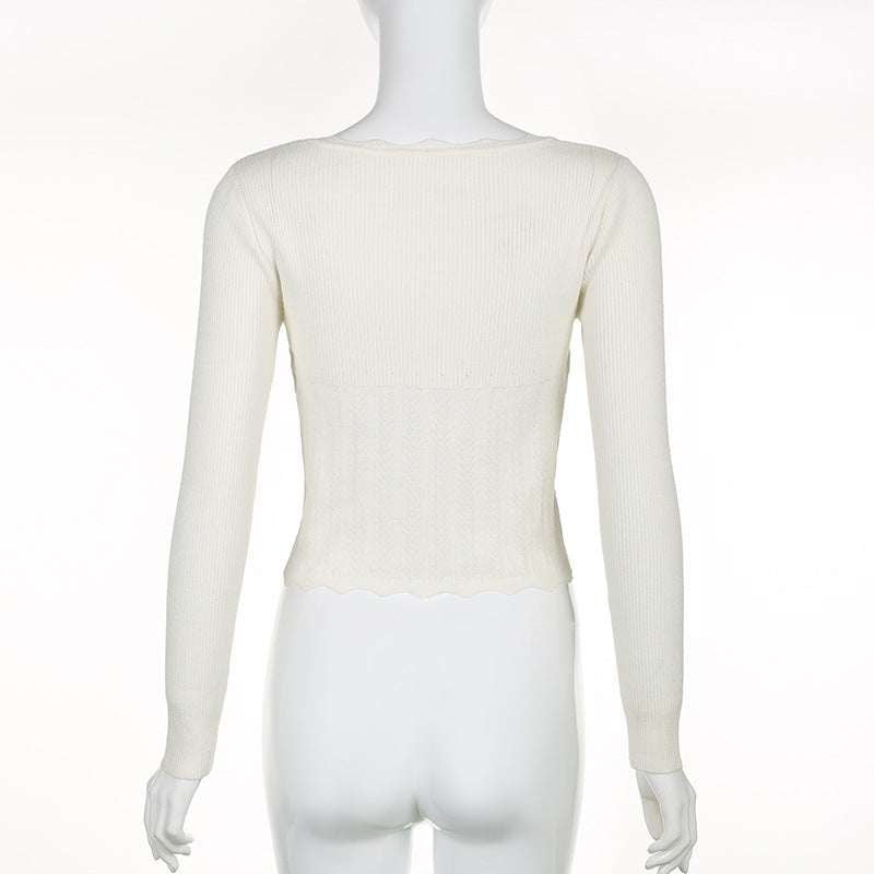 Long Sleeve Woolen Top, Square Collar Woolen Top, White Woolen Crop Top - available at Sparq Mart