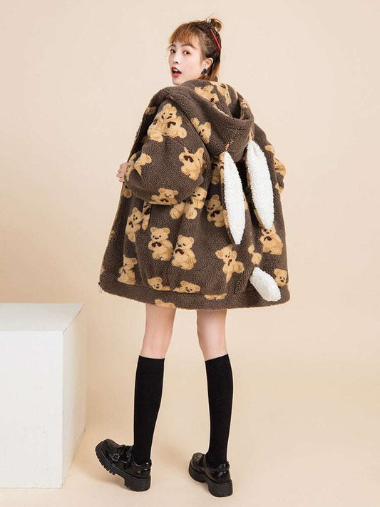 bear print coat, lamb wool outerwear, padded wool coat - available at Sparq Mart