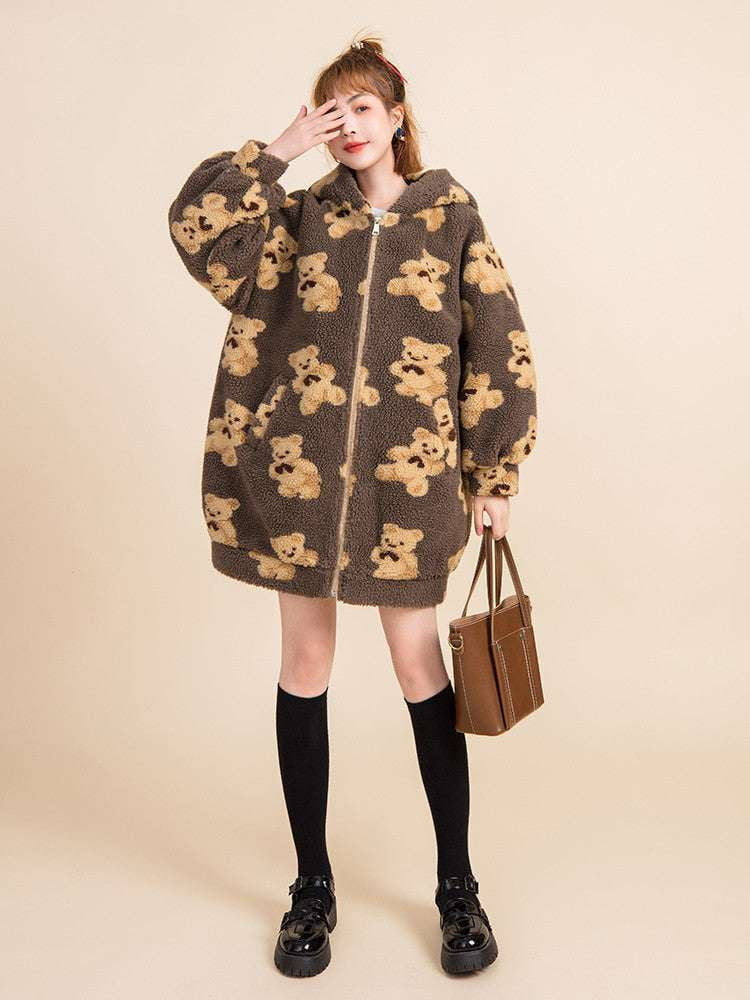 bear print coat, lamb wool outerwear, padded wool coat - available at Sparq Mart