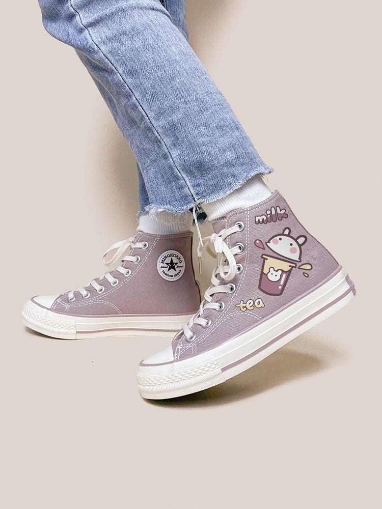 Korean Canvas Sneakers Cute Printed Shoes Women High-Top Footwear - available at Sparq Mart