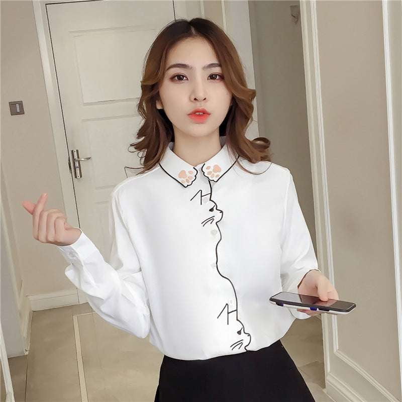 Cat Embroidery Shirt, Cute White Blouse, Loose Shirt Blouse - available at Sparq Mart