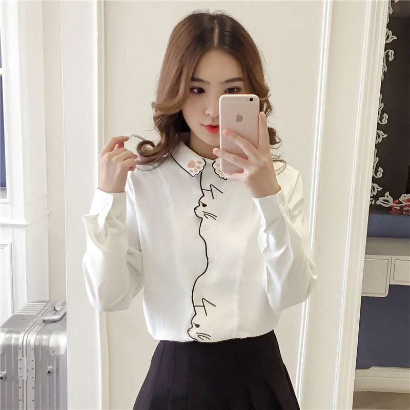 Cat Embroidery Shirt, Cute White Blouse, Loose Shirt Blouse - available at Sparq Mart