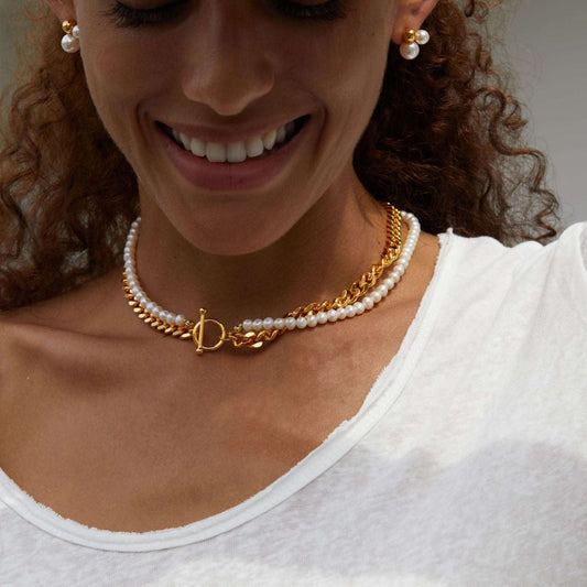 Cuban Link Chain Necklace, Freshwater Pearl Clavicle Chain, Gold Plating Pearl Necklace - available at Sparq Mart