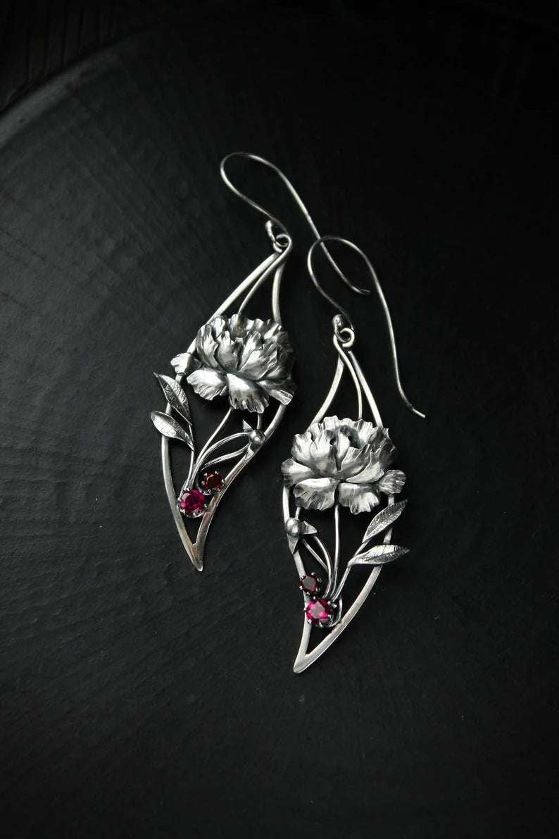 Elegant Peony Earrings, Tassel Drop Earrings, Vintage Silver Jewelry - available at Sparq Mart