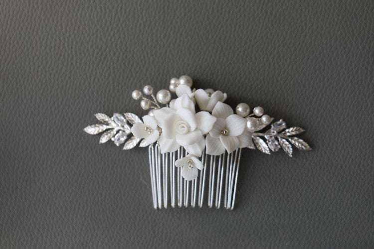 Ceramic Flower Hair Accessories, Elegant Hair Accessories, Silver Hair Accessories - available at Sparq Mart