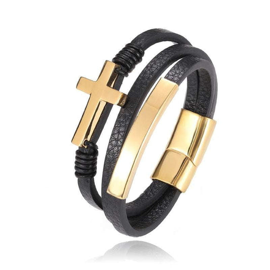 Gold Cross Bracelet, Leather Woven Jewelry, Single Loop Band - available at Sparq Mart