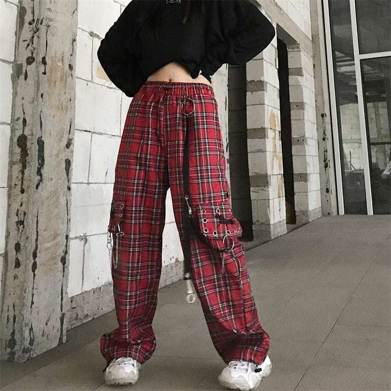 Harajuku Wide Leg, High Waist Plaid, Retro Straight Pants - available at Sparq Mart