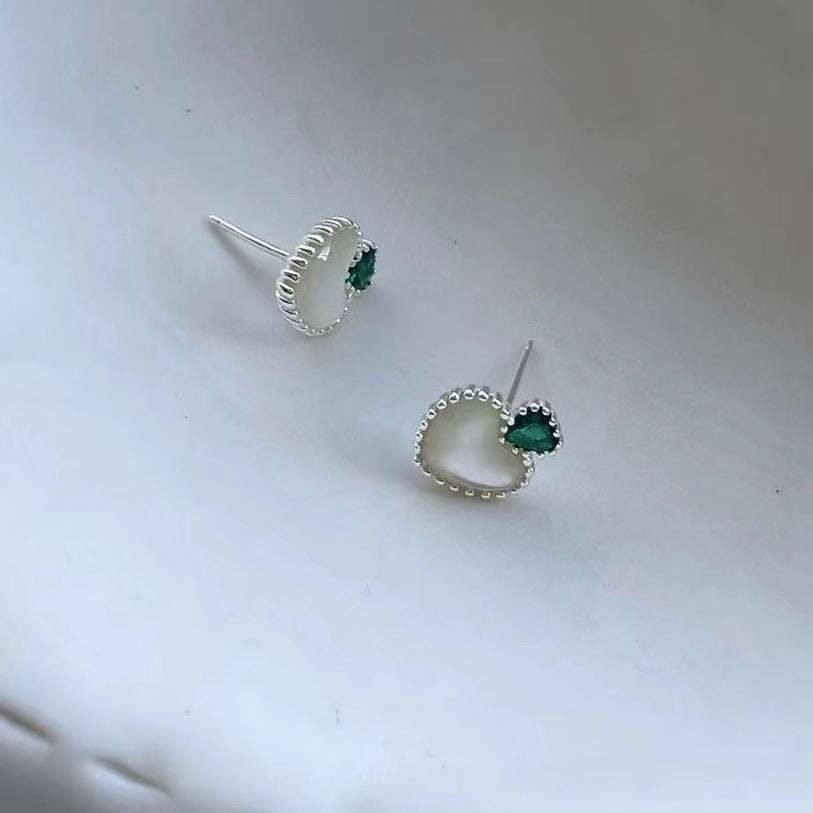 Green zirconium jewelry, Shell stud earrings, Silver heart earrings - available at Sparq Mart