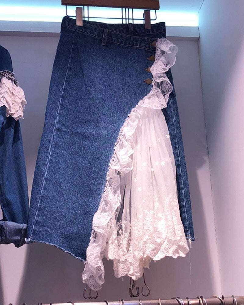 A-Line Denim Skirt, High Waist Denim, Mesh Stitching Skirt - available at Sparq Mart