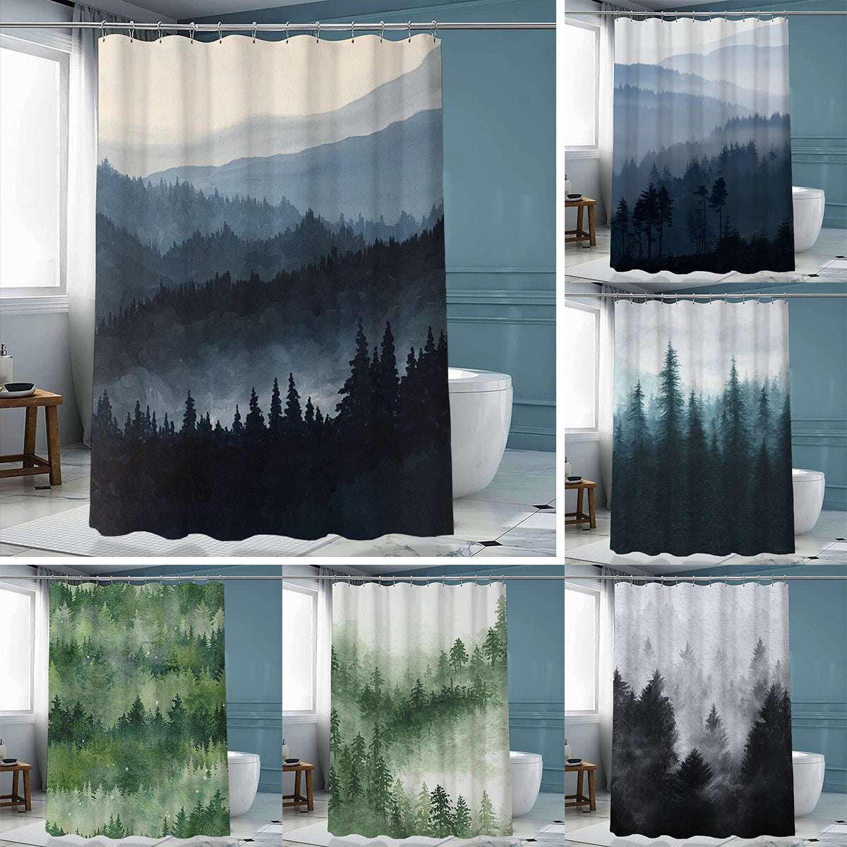 artistic shower decor, ink forest curtain, polyester curtain hook - available at Sparq Mart