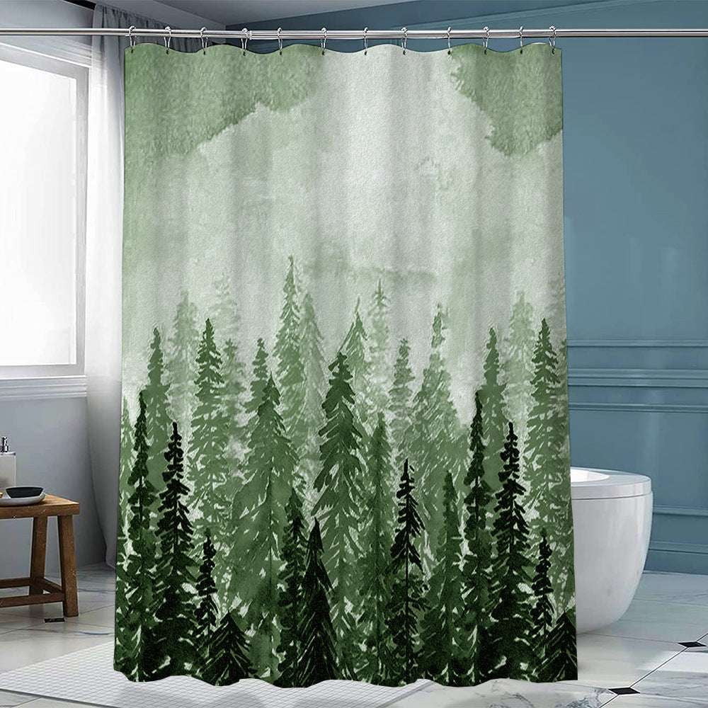 artistic shower decor, ink forest curtain, polyester curtain hook - available at Sparq Mart