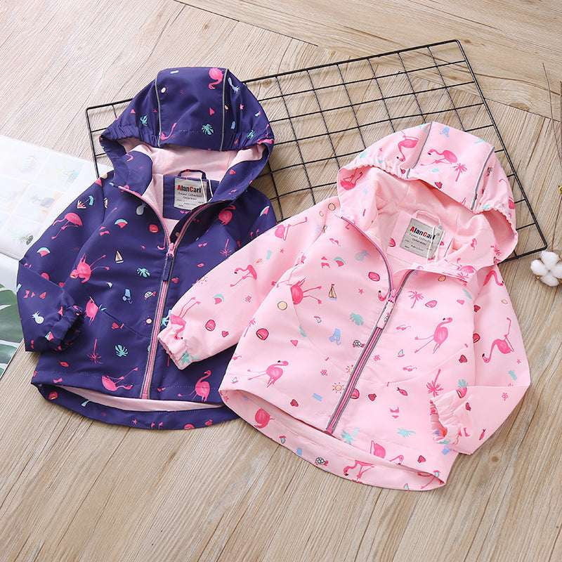 Children's Navy Hoodie, Flamingo Print Outerwear, Kids Hoodie Jacket - available at Sparq Mart