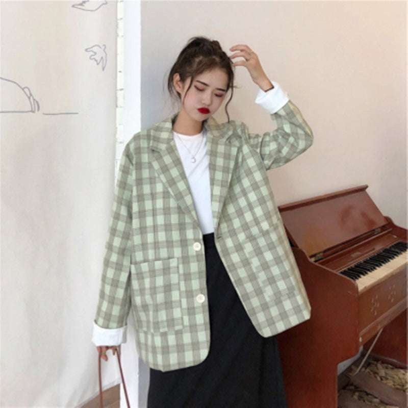 Autumn Layering Fashion, Korean Plaid Coat, Women's Suit Blouse - available at Sparq Mart