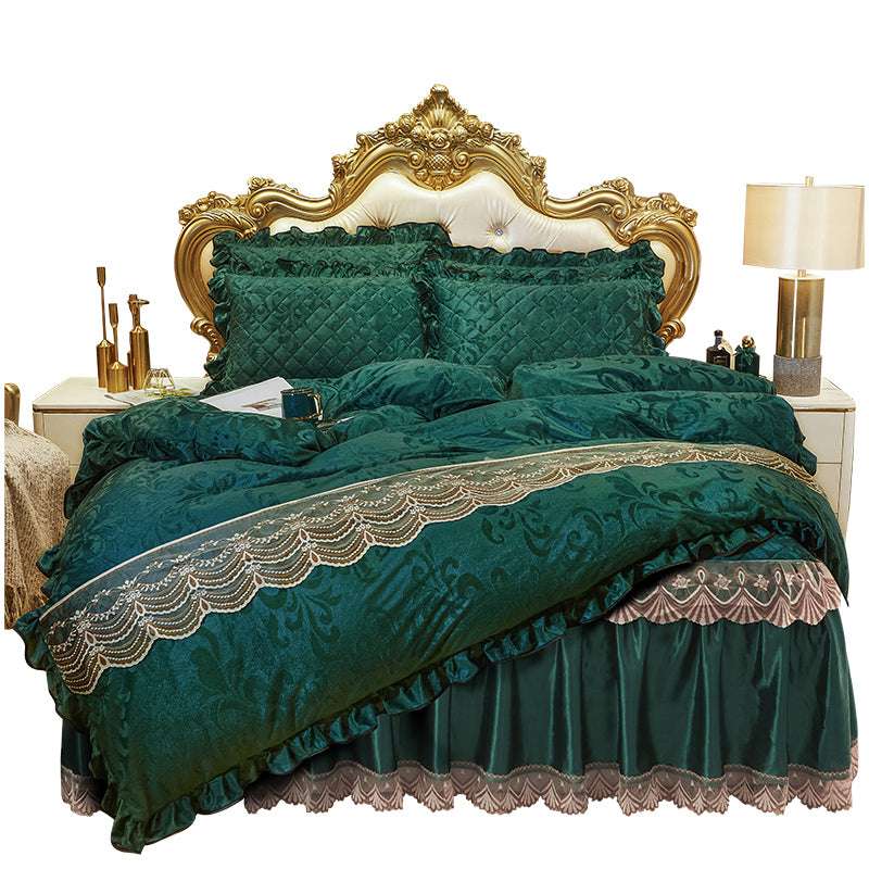 Luxurious bed skirt, Quilted four-piece, Velvet bedding set - available at Sparq Mart