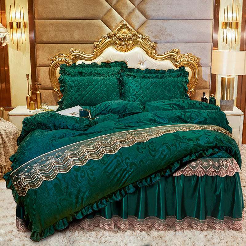 Luxurious bed skirt, Quilted four-piece, Velvet bedding set - available at Sparq Mart