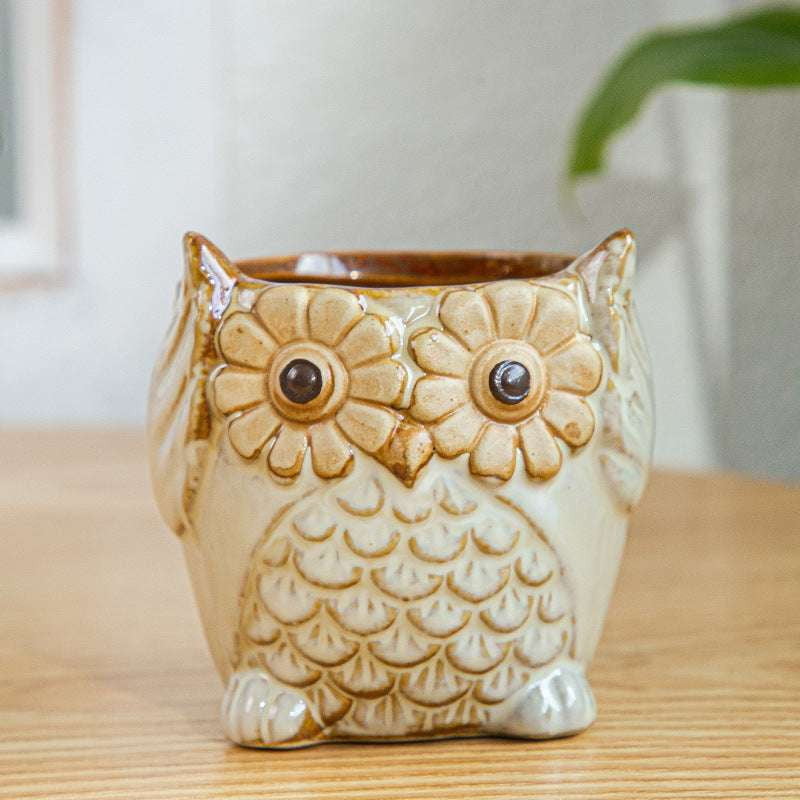 Kiln-Changed Pottery, Owl Planter Set, Succulent Basin Decor - available at Sparq Mart