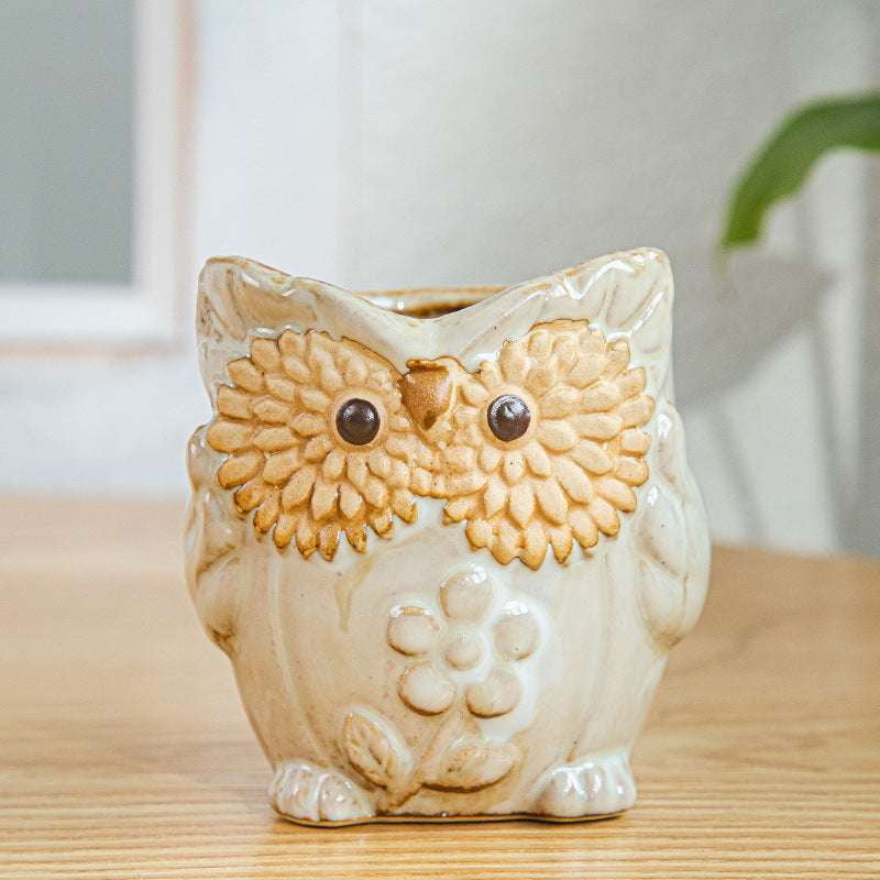 Kiln-Changed Pottery, Owl Planter Set, Succulent Basin Decor - available at Sparq Mart