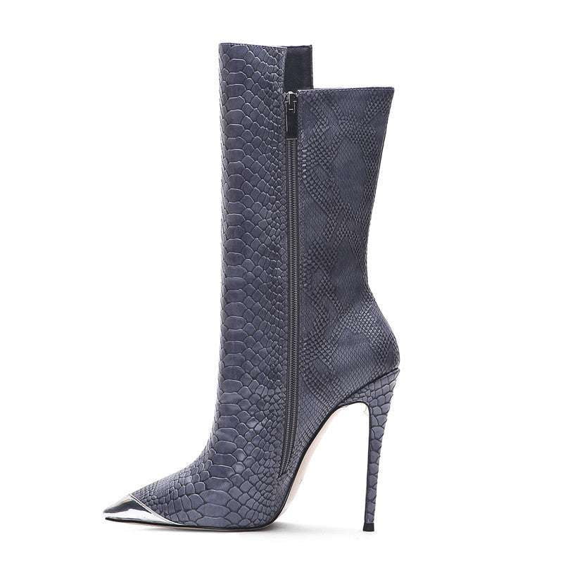 Pointed Heel Booties, Size-Inclusive Footwear, Snakeskin Ankle Boots - available at Sparq Mart