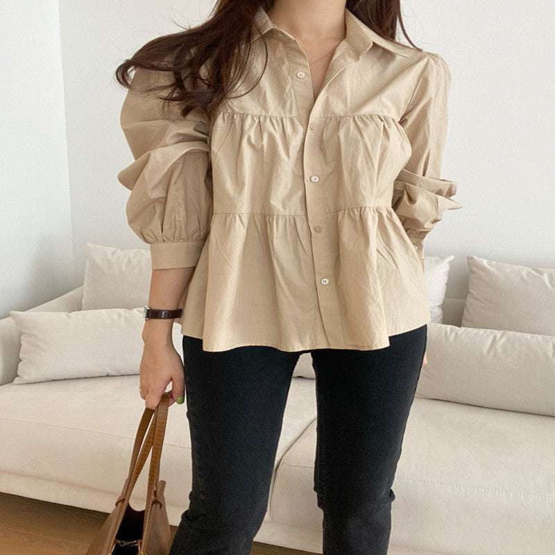 Lapel Puff Shirt, Pleated Sleeve Blouse, Versatile Elegant Top - available at Sparq Mart