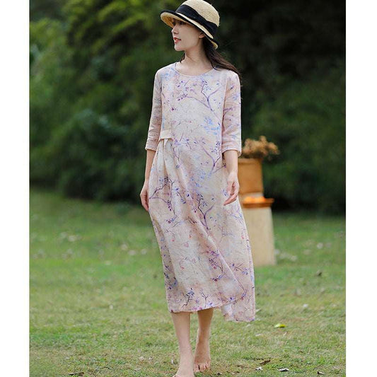 Floral Ramie Dress, Linen Travel Dress, Purple Linen Outfit - available at Sparq Mart