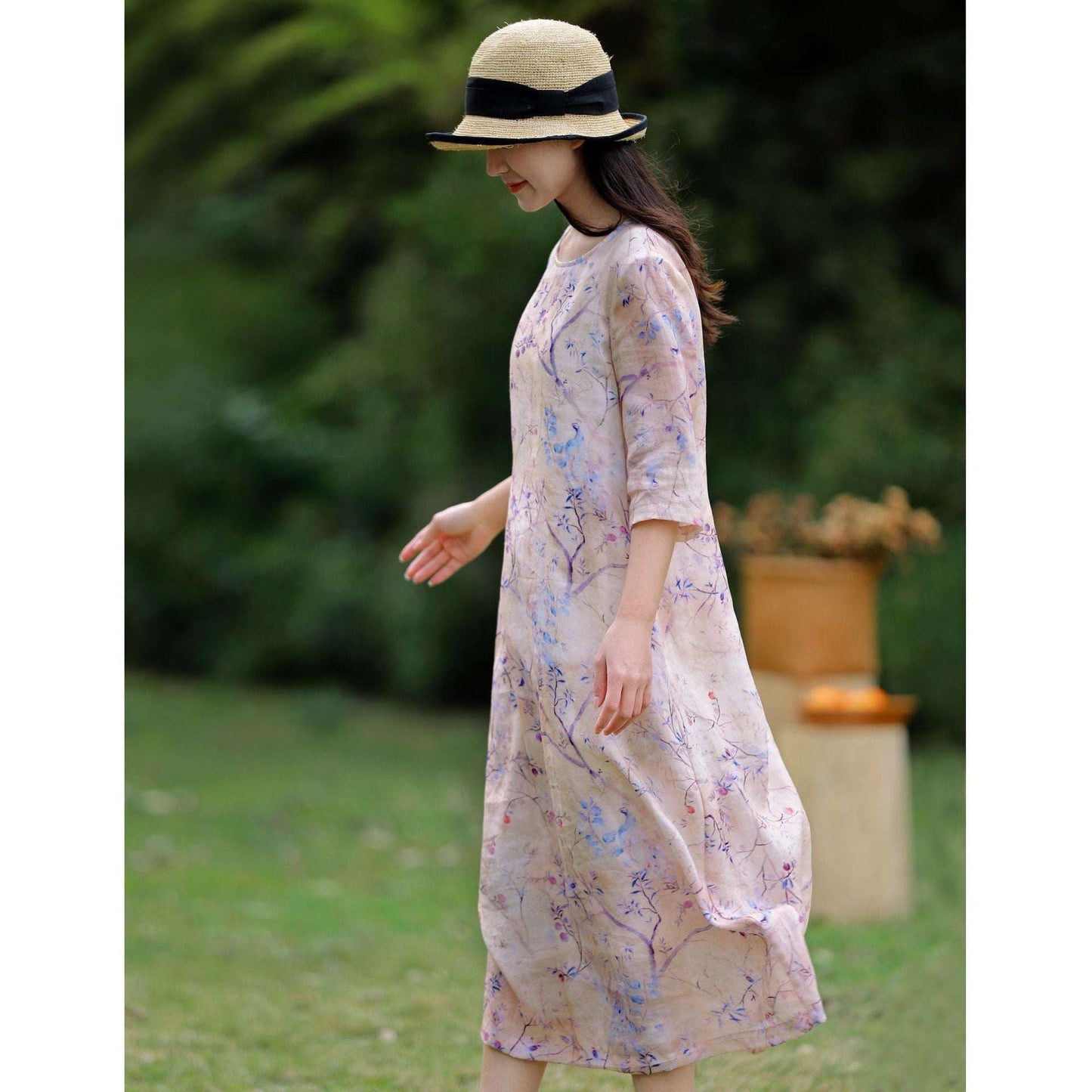 Floral Ramie Dress, Linen Travel Dress, Purple Linen Outfit - available at Sparq Mart