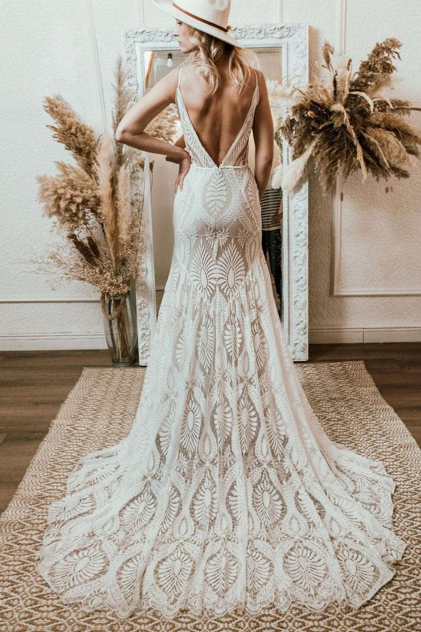 Backless Boho Wedding Dress, Bohemian Wedding Dress, Lace Beach Bridal Gown - available at Sparq Mart