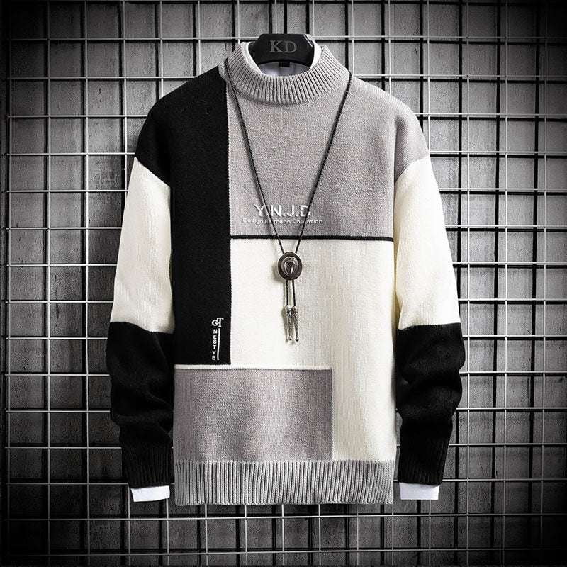 Contrast Color Sweater, High Neck Sweater, Men's Pullover Sweater - available at Sparq Mart