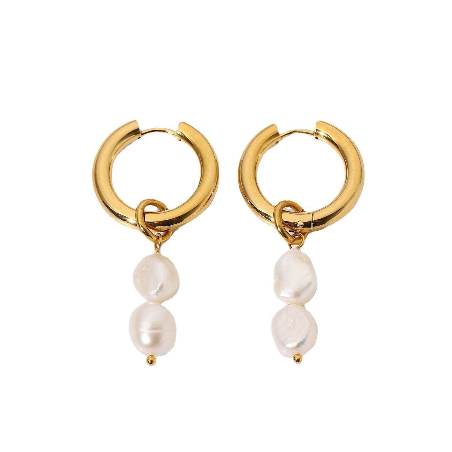 Double Freshwater Pearl, Gold Plated Stainless Steel, Pearl Pendant Earrings - available at Sparq Mart