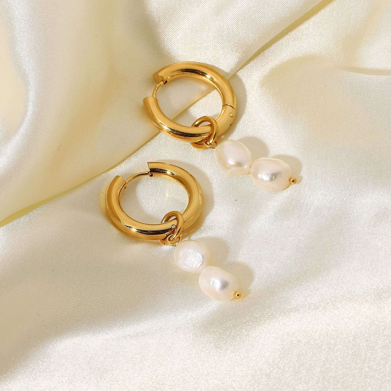 Double Freshwater Pearl, Gold Plated Stainless Steel, Pearl Pendant Earrings - available at Sparq Mart