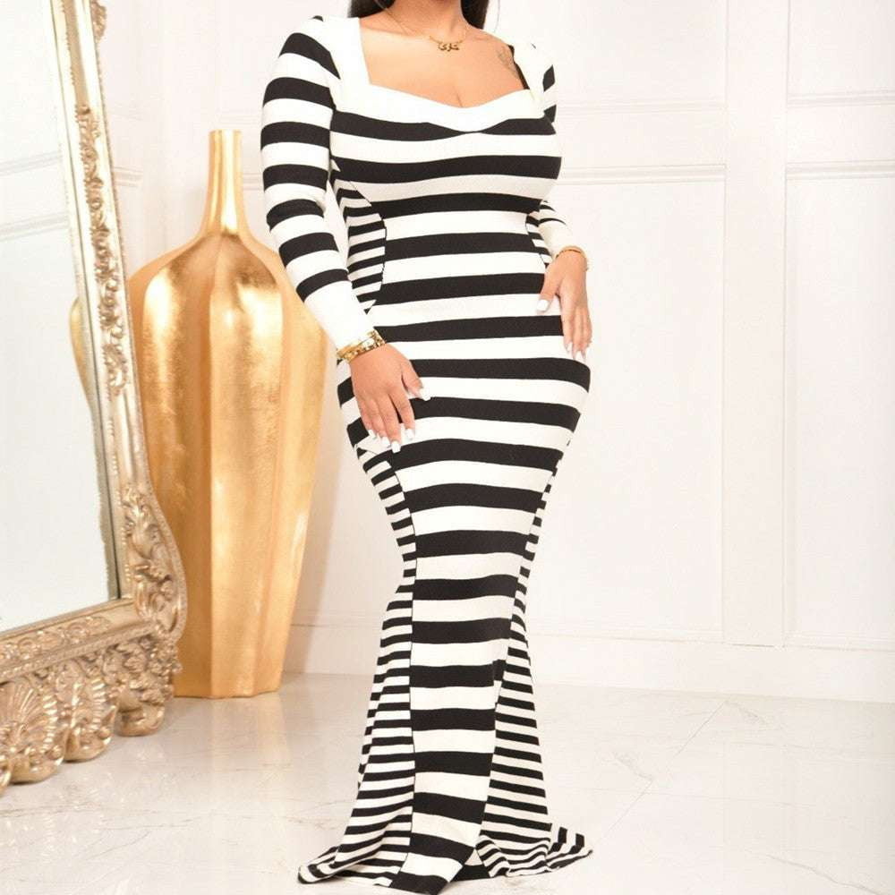 Autumn Stripe Dress, Striped Sheath Dress, Winter Long Dress - available at Sparq Mart