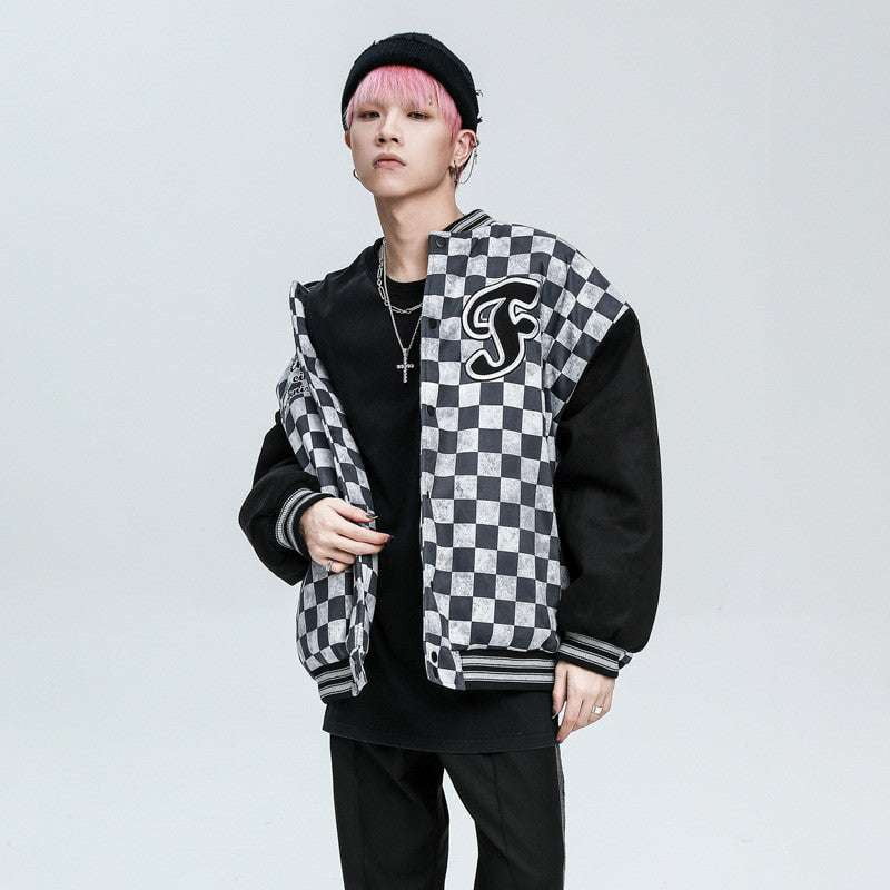 Casual Cotton Jacket, Checkered Hip Hop, Quilted Baseball Uniform - available at Sparq Mart