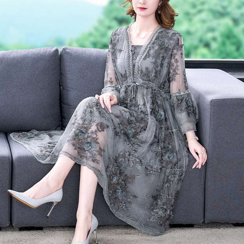 embroidered v-neck, gray dress, stylish plus size - available at Sparq Mart