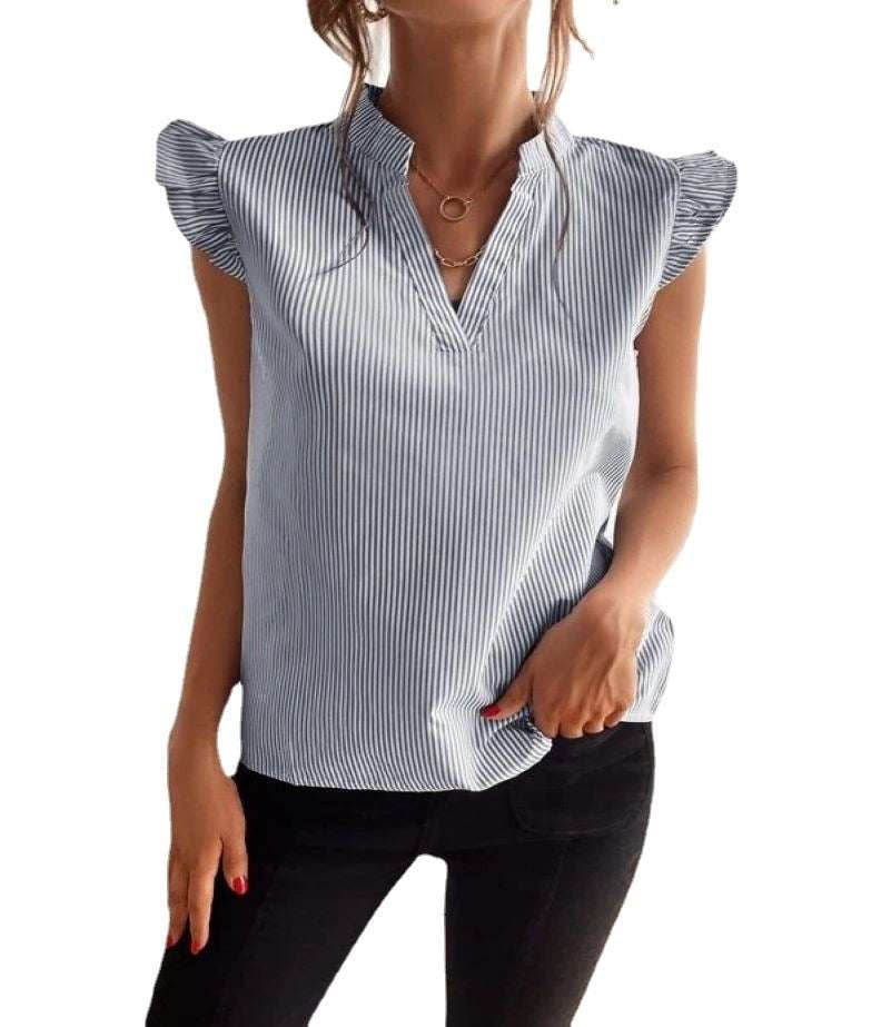 ruffled sleeve top, v-neck striped shirt, women's loose shirt - available at Sparq Mart