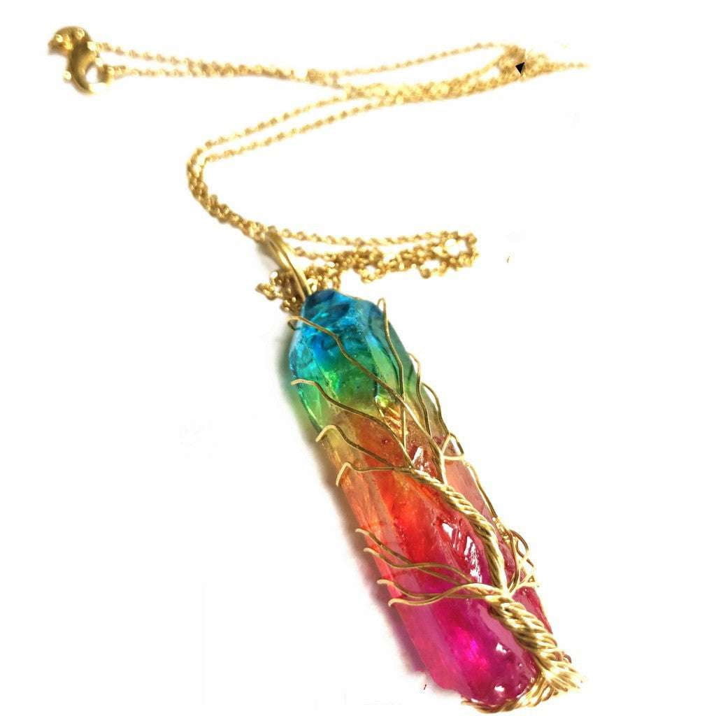 Colorful Pendant Necklace, Rainbow Crystal Necklace, Tree Life Pendant - available at Sparq Mart