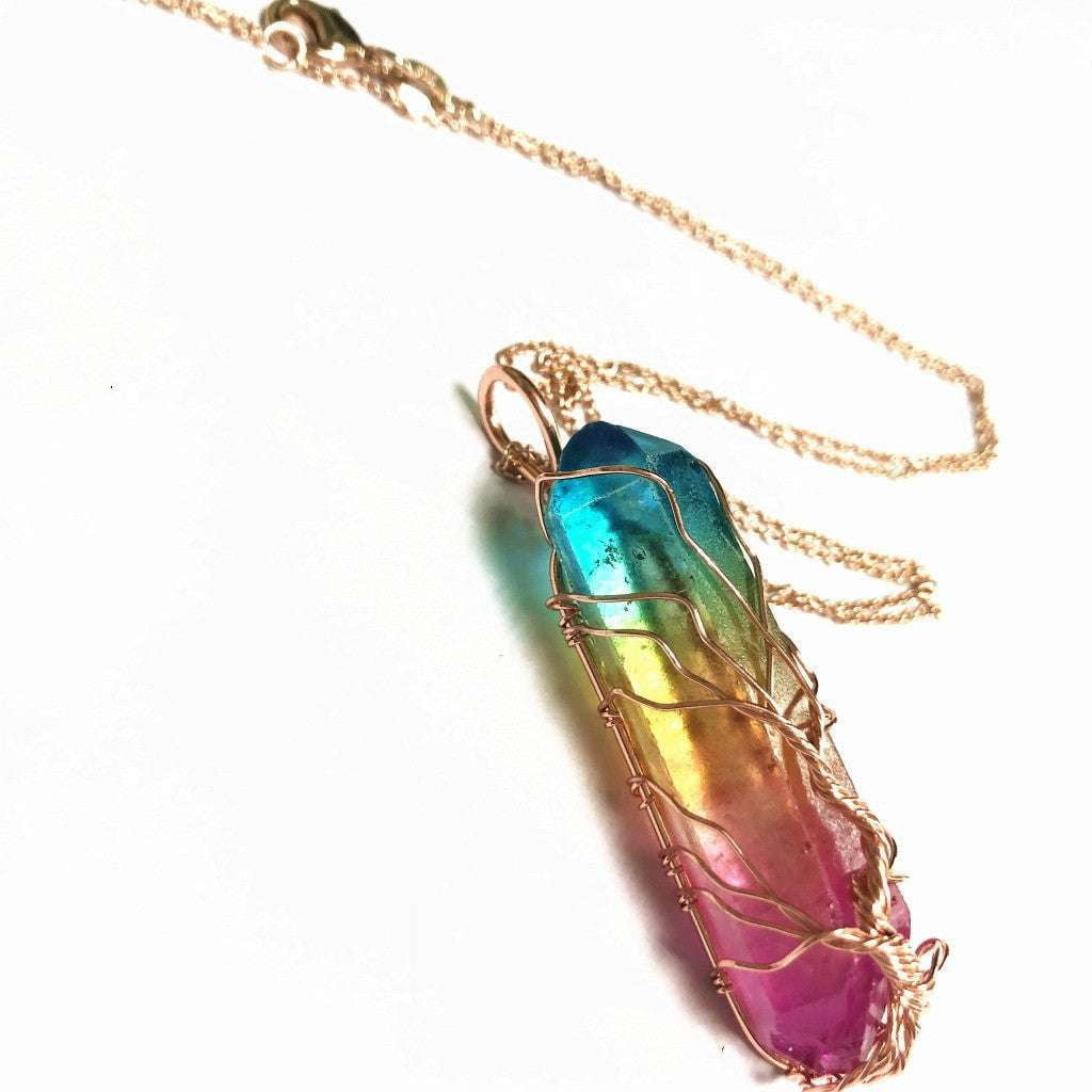 Colorful Pendant Necklace, Rainbow Crystal Necklace, Tree Life Pendant - available at Sparq Mart