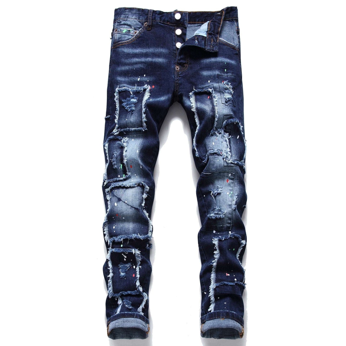 Casual Patched Denim, Men's Beggar Jeans, Stylish Distressed Jeans - available at Sparq Mart