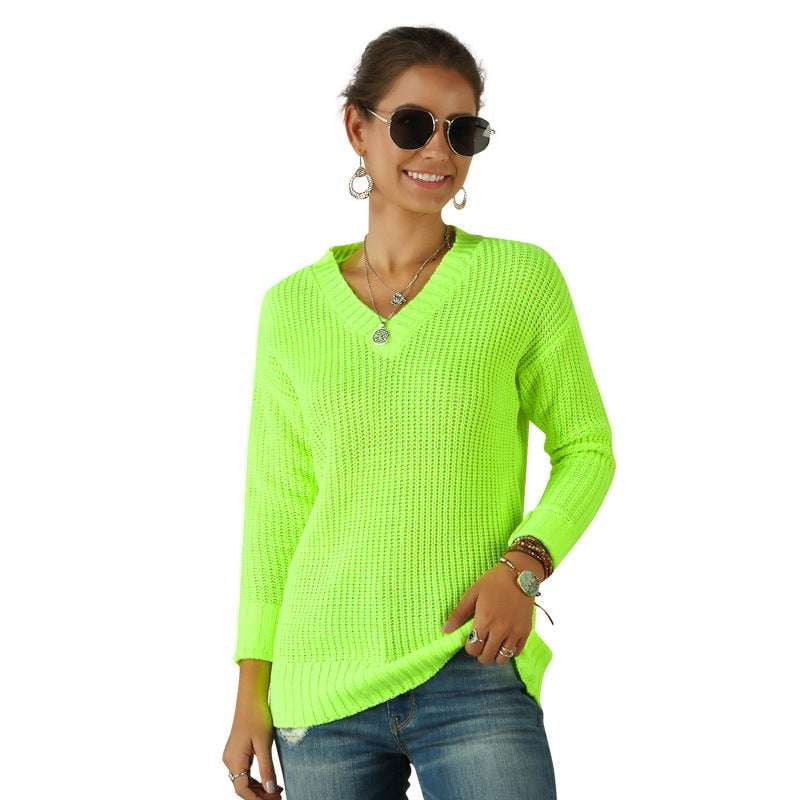 Bright Color Sweaters, Fluorescent V-neck Sweater, Trendy Ladies Sweater - available at Sparq Mart