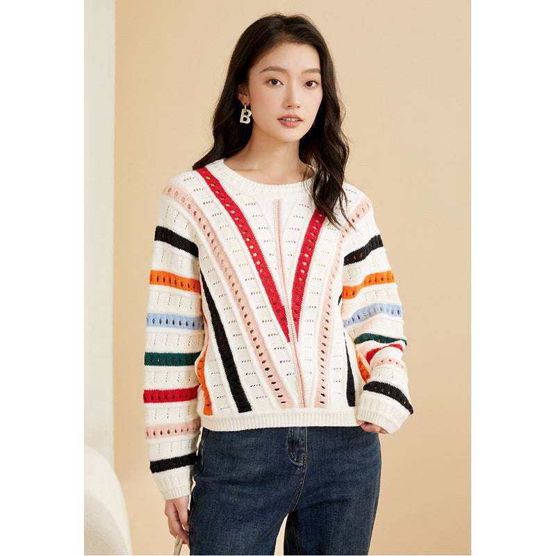 Casual Knit Sweater, Ladies Colorful Top, Women's Striped Pullover - available at Sparq Mart