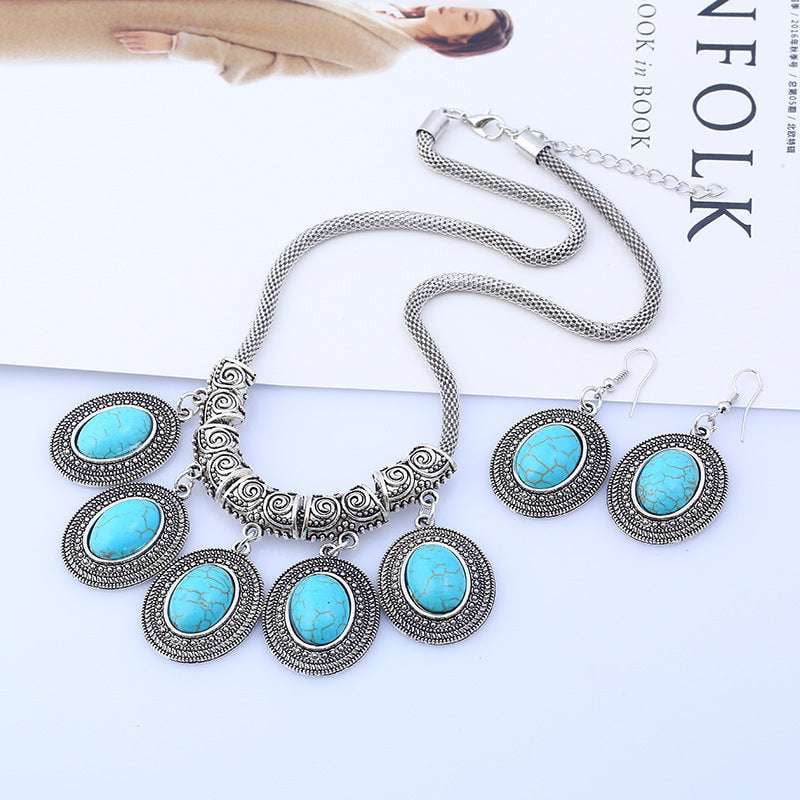 Bead Chain Earrings, Retro Alloy Necklace, Turquoise Jewelry Set - available at Sparq Mart